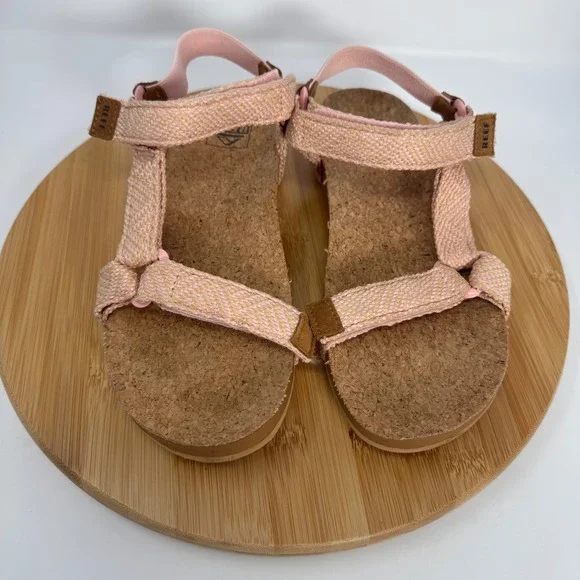 Reef Cushion Rem Pink Tan Woven Strappy Cork Footbed Sandals Womens 9 D-22 JHV - Picture 2 of 11